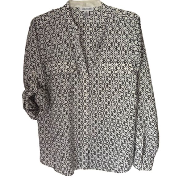 Calvin Klein Roll Sleeve V Neck Button Down CK Logo Size M Dressy Blouse #BD - Picture 1 of 10